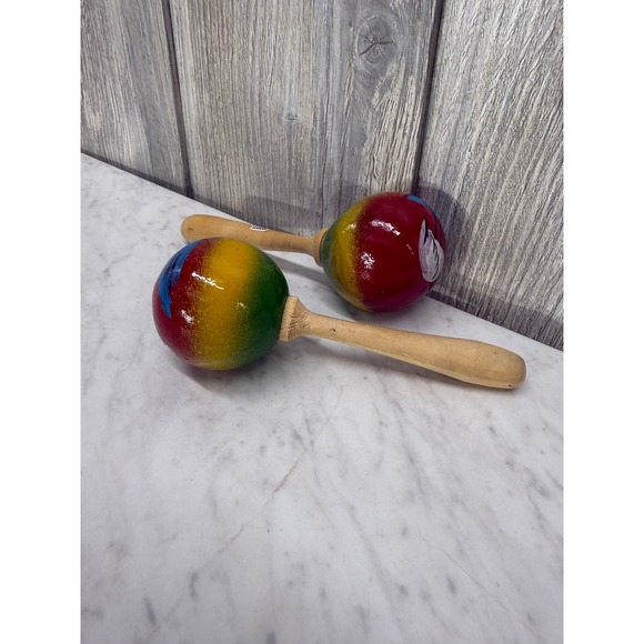 Handmade Other - Vintage Hand Painted Wooden Maracas Pair Ecuador Flamingo Tropical Multi Color